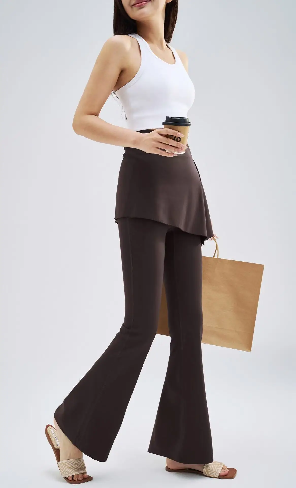 Figurbetonte Fitness-Leggings mit Hüftbedeckung für Damen im Herbst, zweiteiliger Radsport-Yoga-Anzug mit Rocksaum, ausgestellte Sporthose – Detail 6