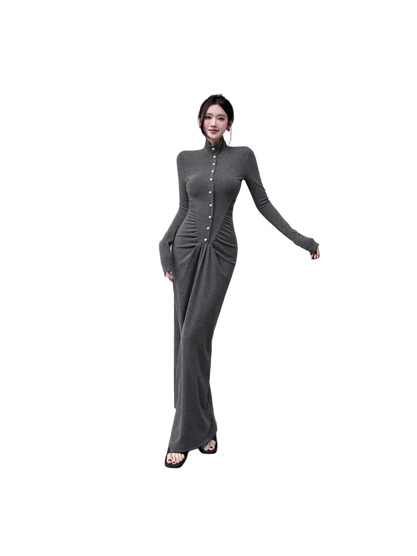 Nova primavera gola alta cinza vestido de malha para mulheres único breasted ruched bodycon quente midi vestido casual com casaco saia em camadas