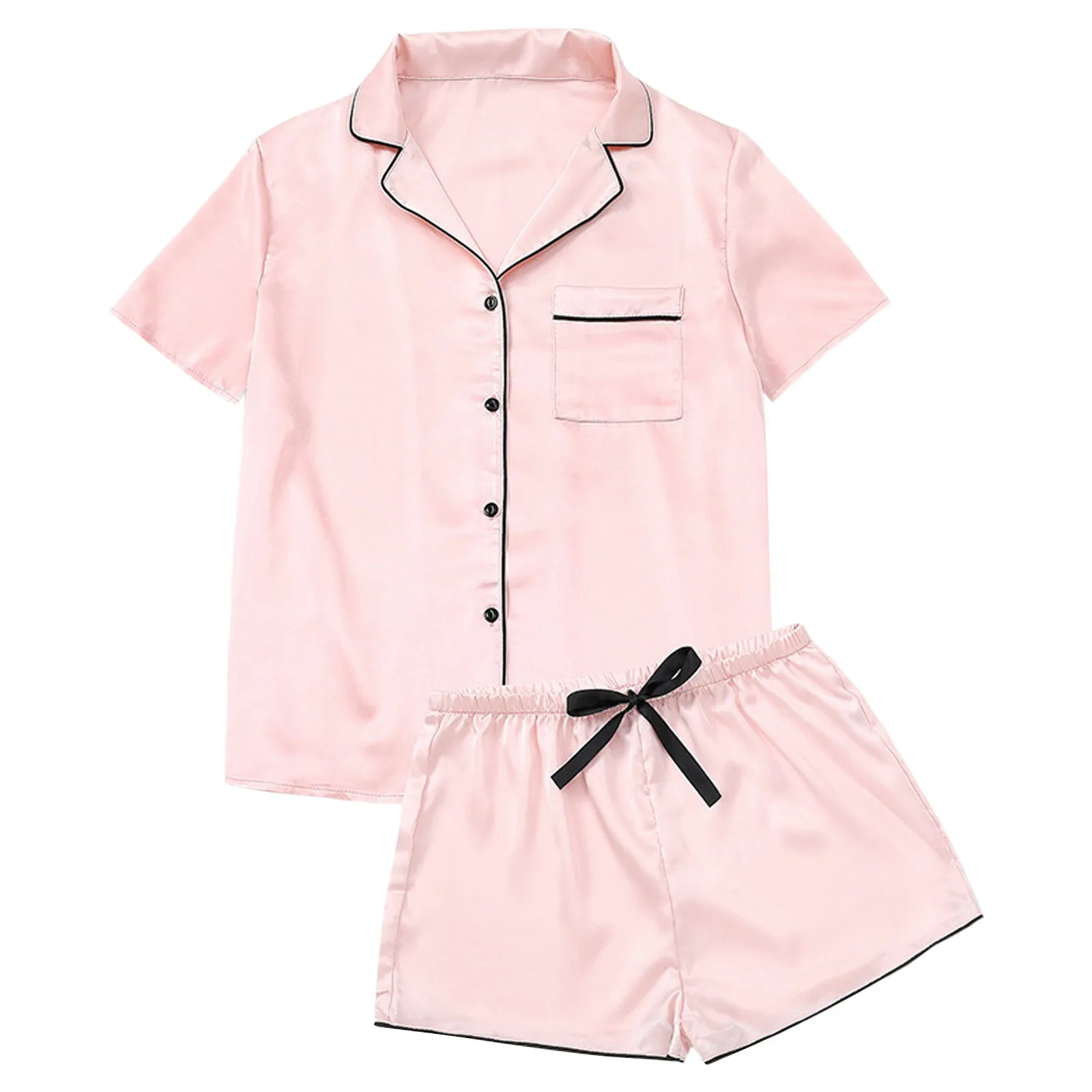 

Womens Silk Satin Pajamas Set Short Sleeve Two-Piece Sets Sleepwear Loungewear Button-Down Nightgowns Lapel Collar Lingerie Sets