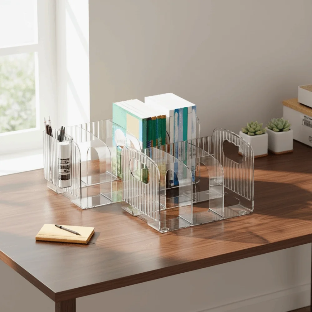 Robuster, verdickter, geteilter Buchständer, platzsparend, mit Griff, Acryl-Buchständer, einfaches, durchsichtiges Bücherregal, Büro