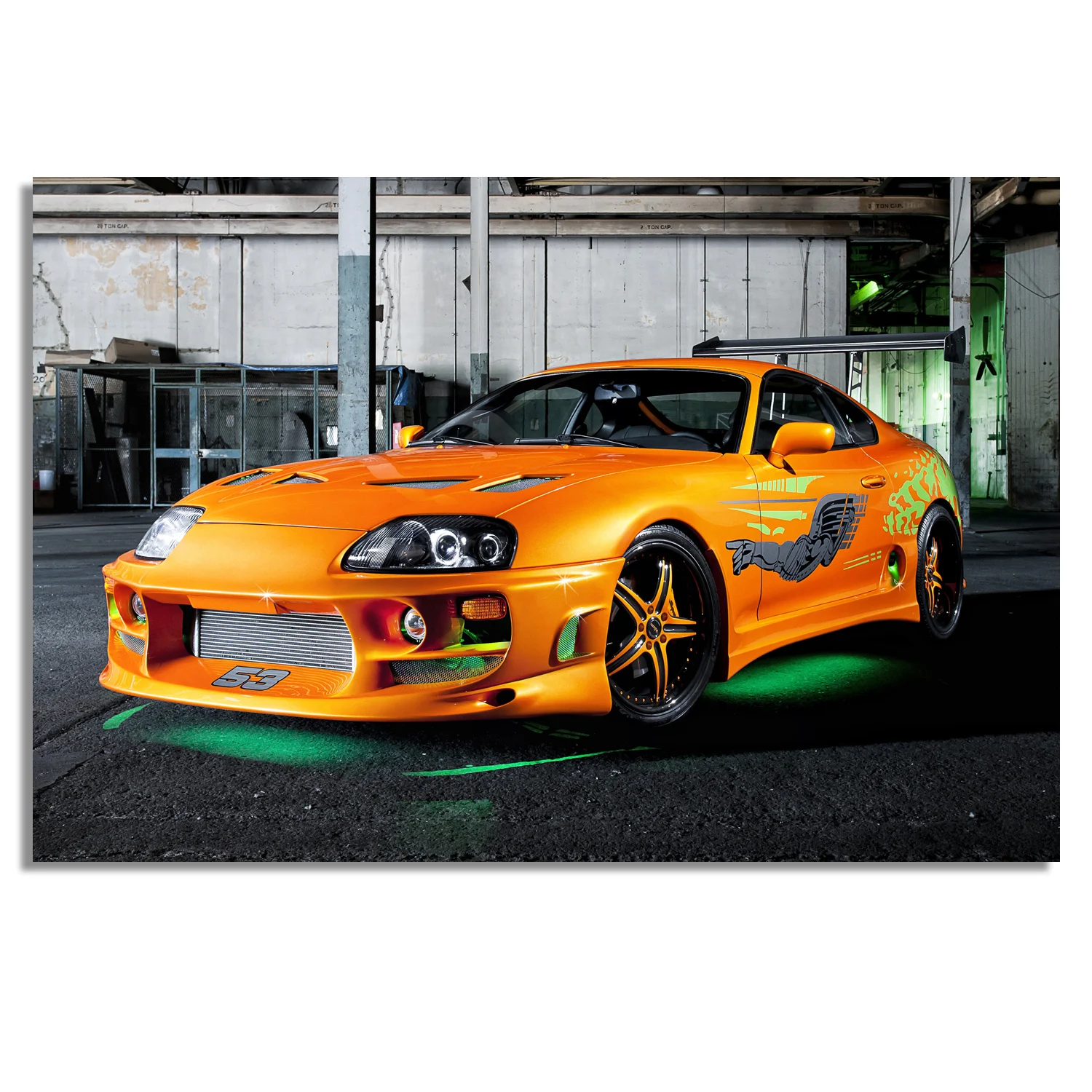 Supercar Posters Toyotas Supra With Green Neon Lights Orange Car Picture Canvas Painting Wall Art Prints Home Room Decorations