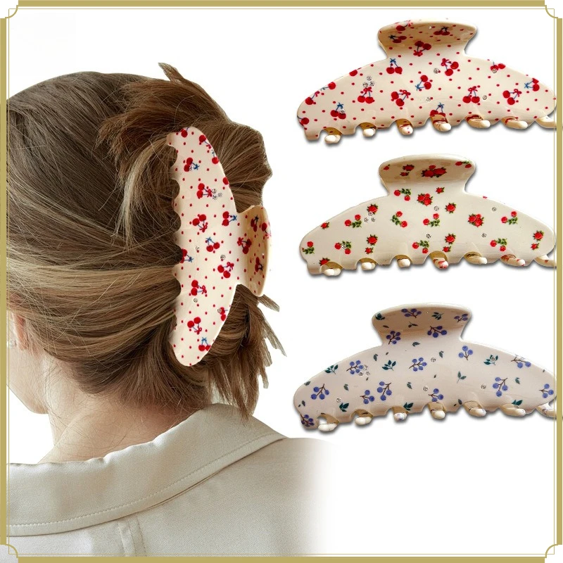 Vintage Printed Cherry Floral Hair Claw Clips Elegant Advanced Sense Bangs Barrettes High Ponytail Shark Clips Women Fashion Hair Accessories