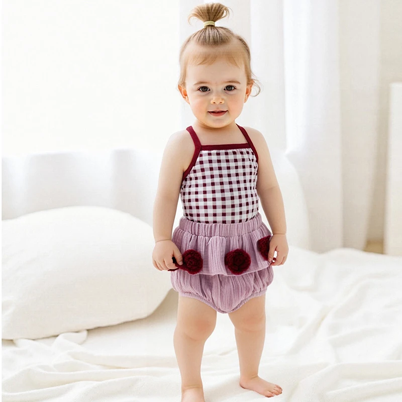 Toddler Girls Sleeveless Floral Print Top and Ruffle Shorts Set Summer Outfit with Plaid Camisole and Layered Bottoms