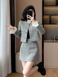 High Quality Fall Winter Tweed Skirt Two Piece Set Women Woolen Lace Patchwork Short Jacket Coat + Mini Skirt Suits Sweet Suits