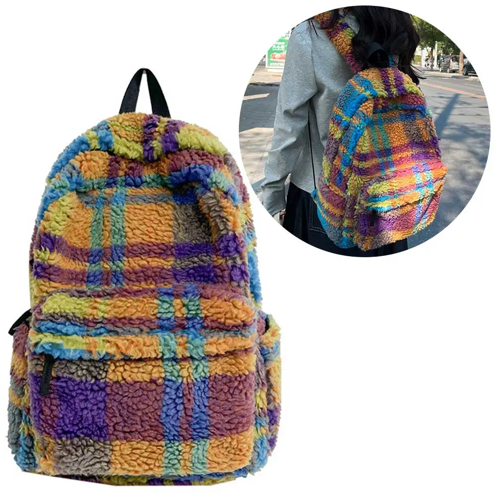 

Women Plaid Lamb Wool Backpack Casual Winter Plush Backpack Fluffy Girls School Bag Furry Bookbag Student Book Bag