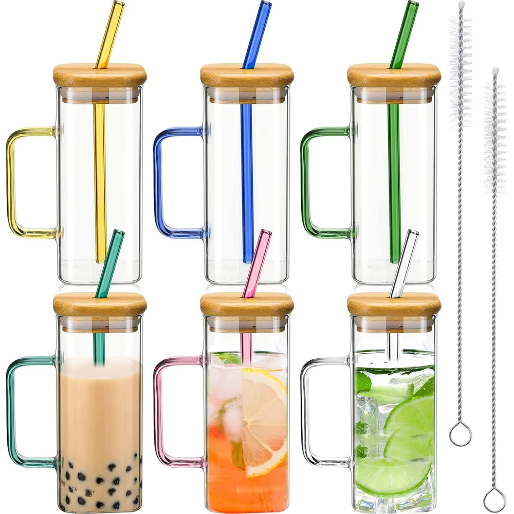 

6X 400ml Square Glass Mug With Lid and Straw Breakfast Milk Cup Microwave Safe Transparent Party Beer Coffee Mug Drinkware Glass