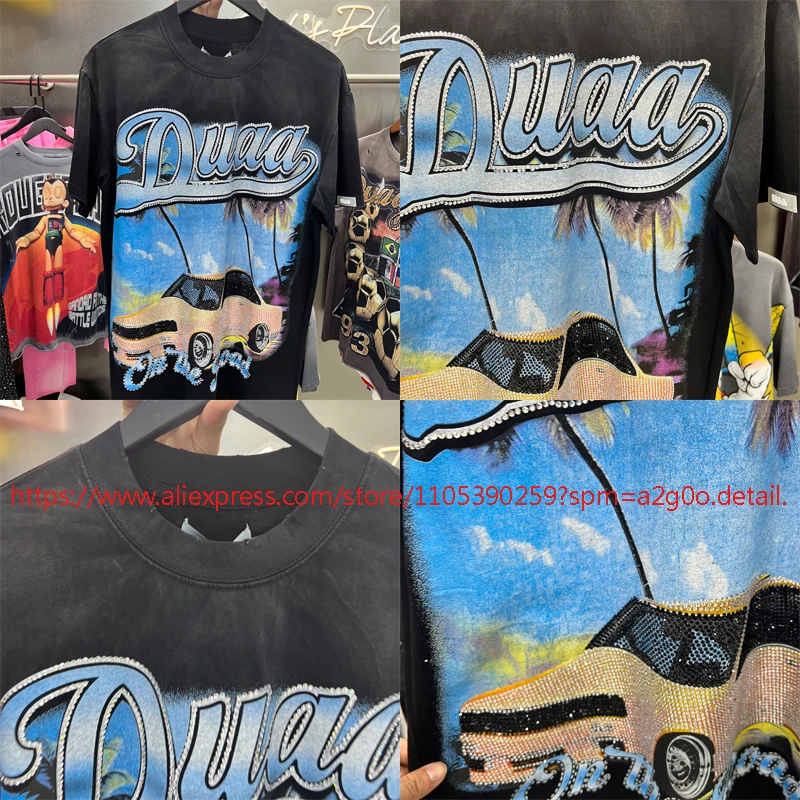 Stock New High Quality DUAA T-shirt Car Stamped Glitter Print  Trendy Street Style Hip Hop Loose Comfortable Casual Duaa Top Tee