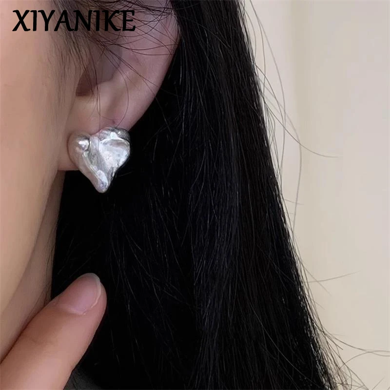 XIYANIKE Irregular Texture Hammer Patterned Heart Stud Piercing Earrings For Women Fashion New Jewelry Accessories Gift Party
