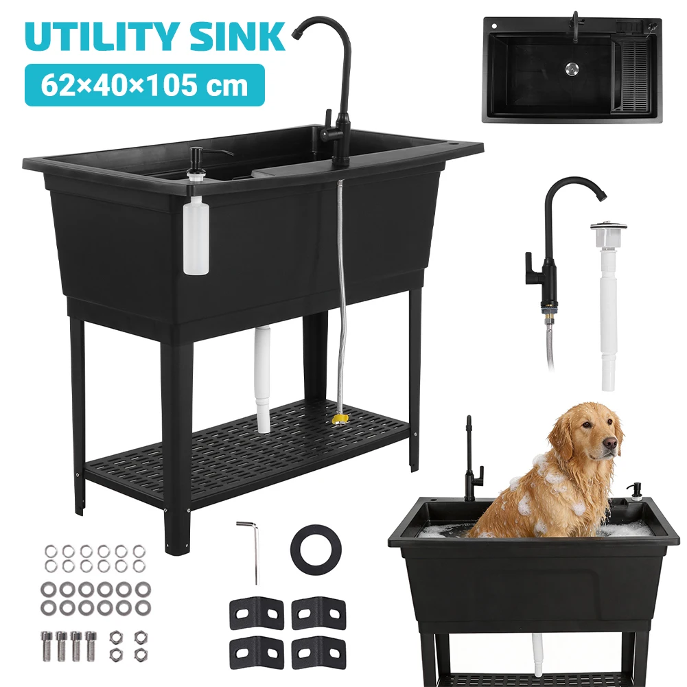 

Freestanding Plastic Laundry Sink with Stainless Steel Faucet Soap Dispenser Washing Hand Basin for Garage Basement Garden
