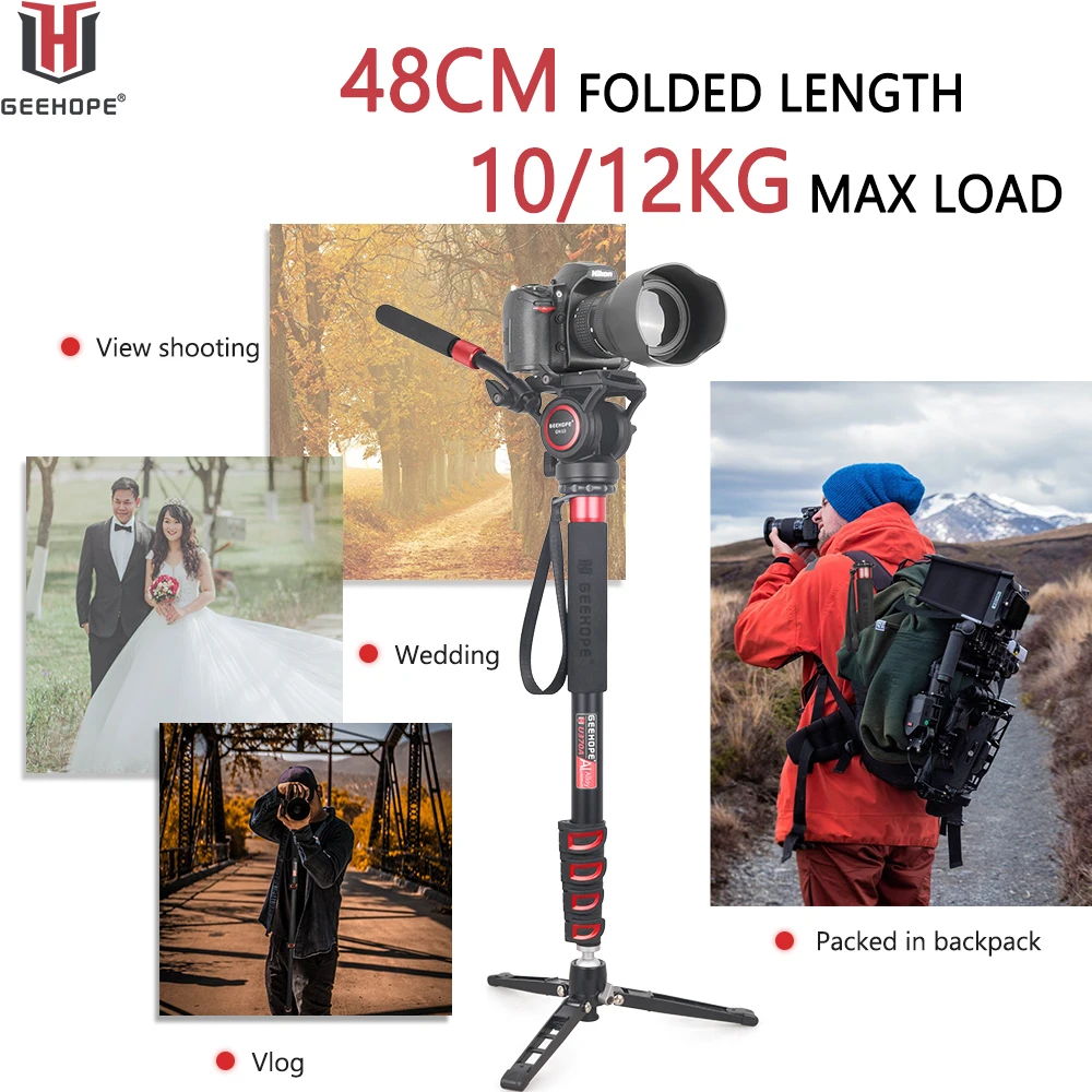 GEEHOPE U270A/U370A  5-Section Leg Professional Monopod for Video Camera Stand Canon Nikon GoPro DSLR Camcorder Max Load 10/12kg