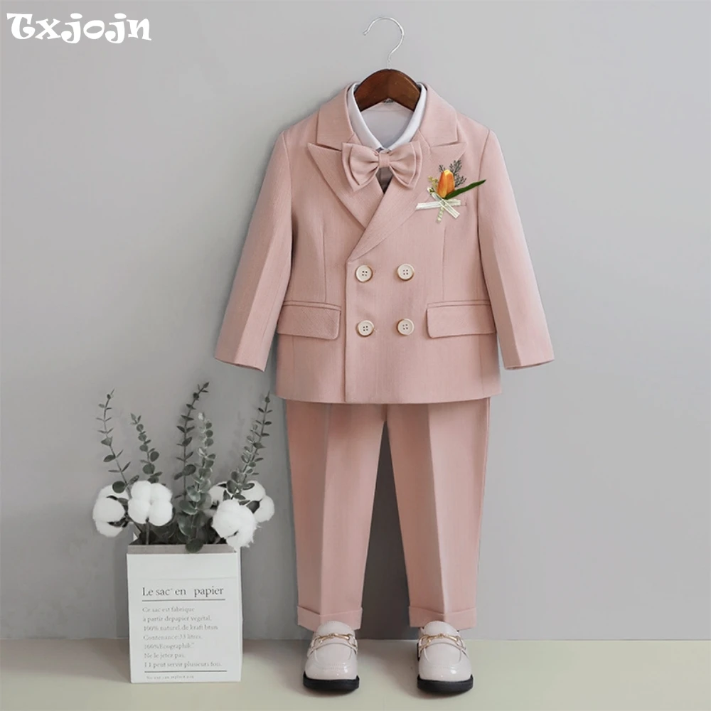 

Txjojn Hot Sale Kids Suit Set 4 Pieces Blazer Pants Brooch Bow Tie Cute Elegant Pink Boys Suits For Birthday Party Piano Contest