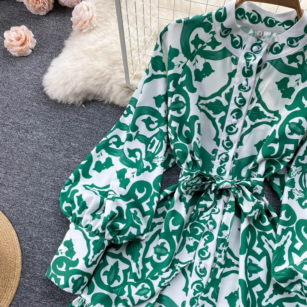 Vestido con estampado Floral para mujer, prenda de vestir de manga larga con cuello alto y lazo, Estilo Vintage, a la moda, para primavera y verano, A5929