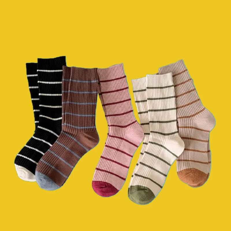 5/10 Pairs Women's Middle-Tube Socks Cashmere Spring and Autumn Japanese Contrast Color Personalized Socks Korean Striped Socks