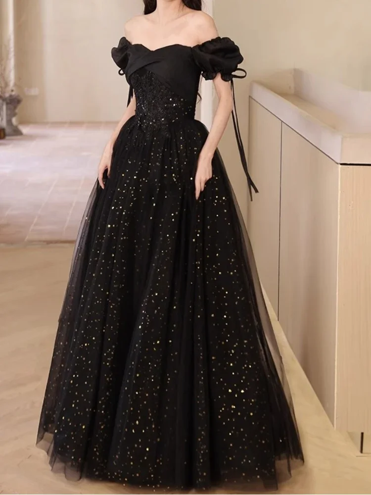 Customized Exquisite Adjustable Square Collar Puff Sleeve Bow Lace Up Prom Dress Slim A-line Straps Design Gown Long Sequin Tier