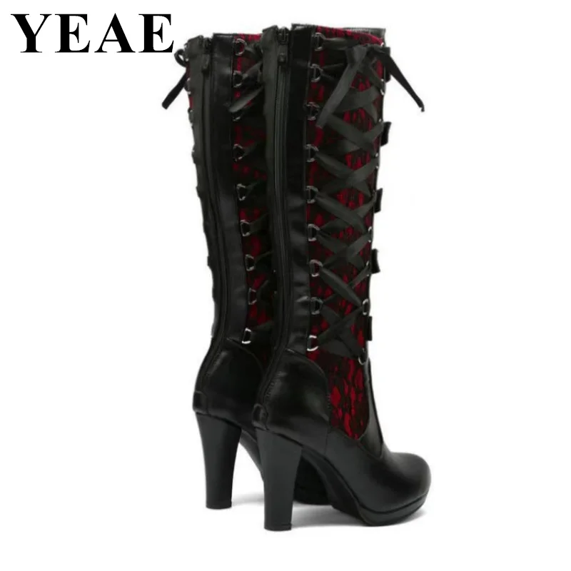 Autumn Winter Platform Knee High Boots For Women Lace Up Chunky High Heel Motorcycle Boots Punk Black Buckle Gothic Shoes 2023