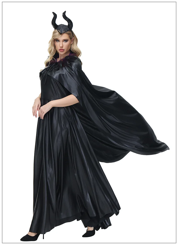 Evil Queen Cosplay Black Long Witch Dress for Adult Women Maleficent Christening Gown Costume with Horns Halloween Party Cosplay