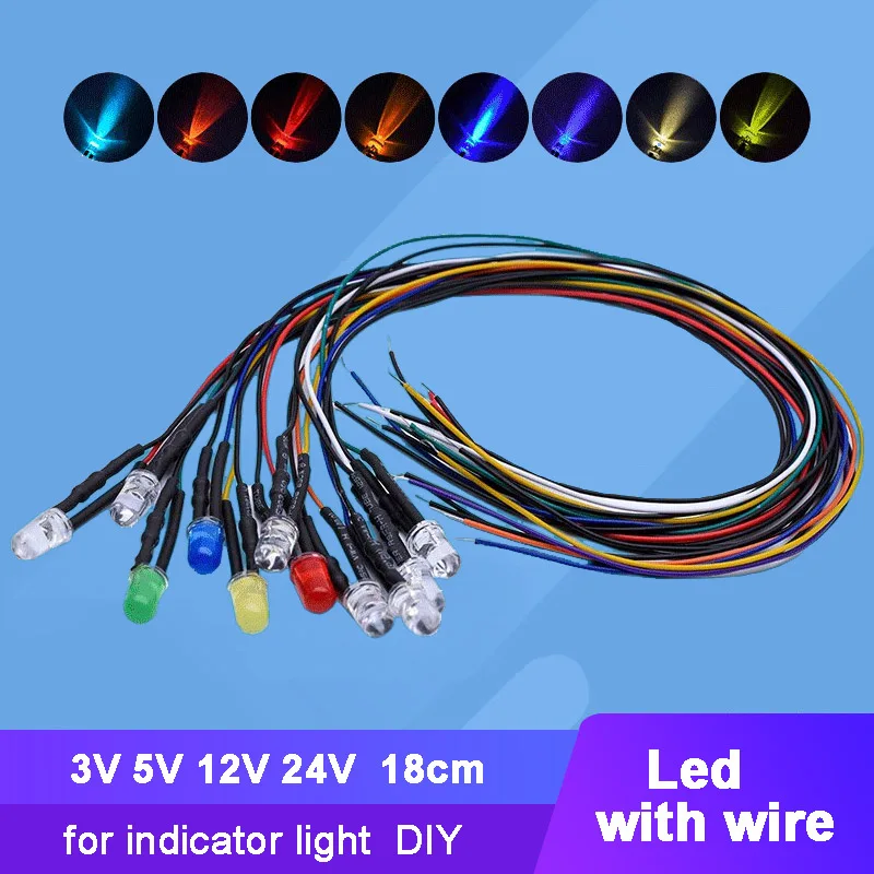 10pcs 3V 5V 9V 12V 24V Led Diode with Wire for Indicator Light DIY Handwork