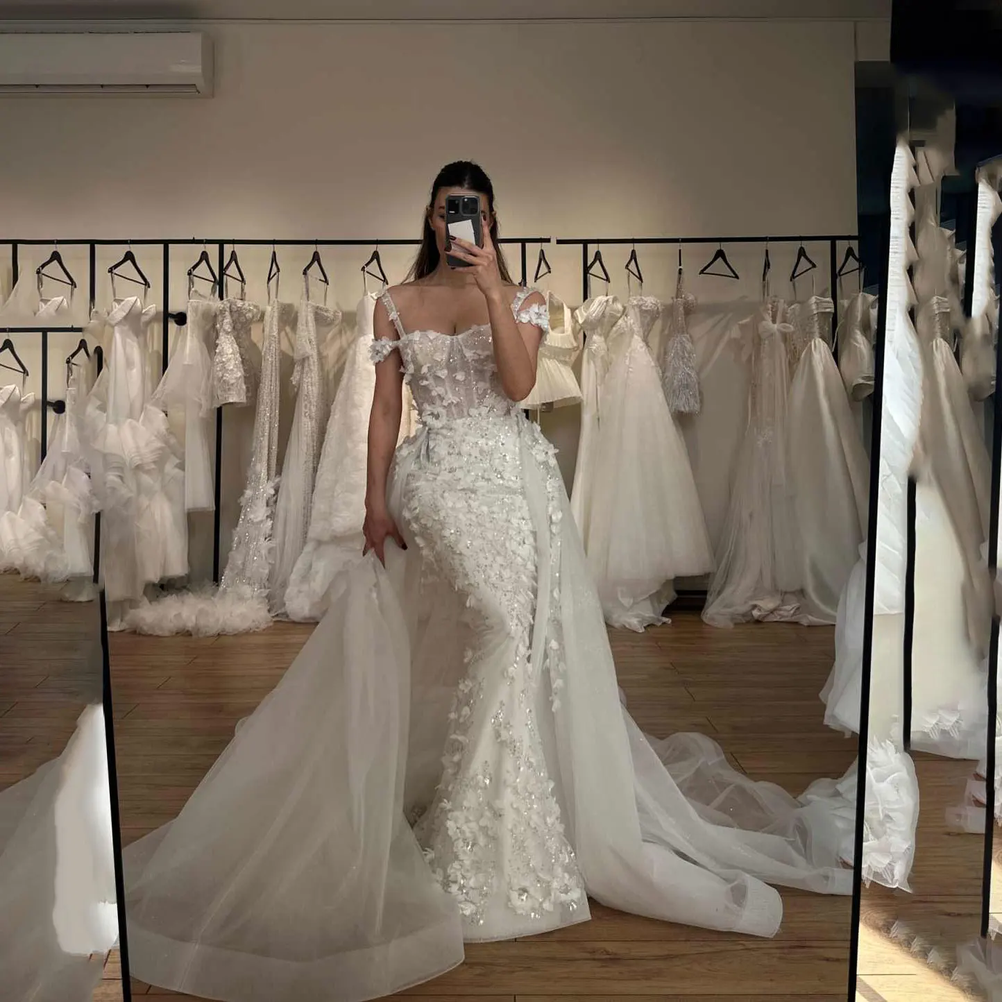 New Wedding Dress New Appliques Prom Gown Sexy Remove Train 3D Flower Lace Bridal Dresses Vestidos De Novia Size Customized