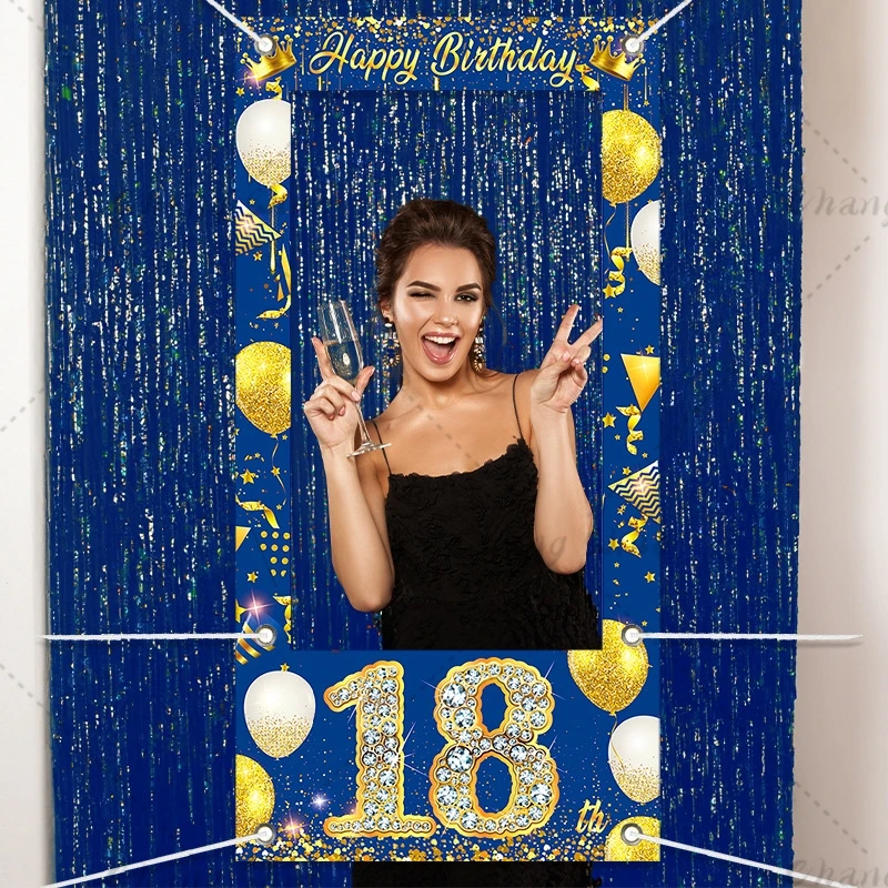 Blue Birthday Cloth Photo Booth Frame Props for Aldult 18th 30th 50th Birthday Anniversary Party Decor Shooting Backdrop Props