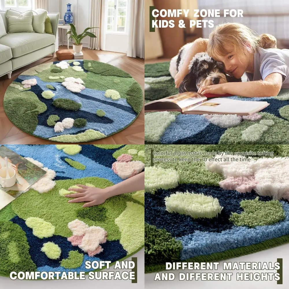 

YIHOUSE Modern Round Area Rug, Grass Green Moss Aesthetic Rug for Bedroom Non-Slip Throw Shag Fluffy Carpet Washable Circle Rug