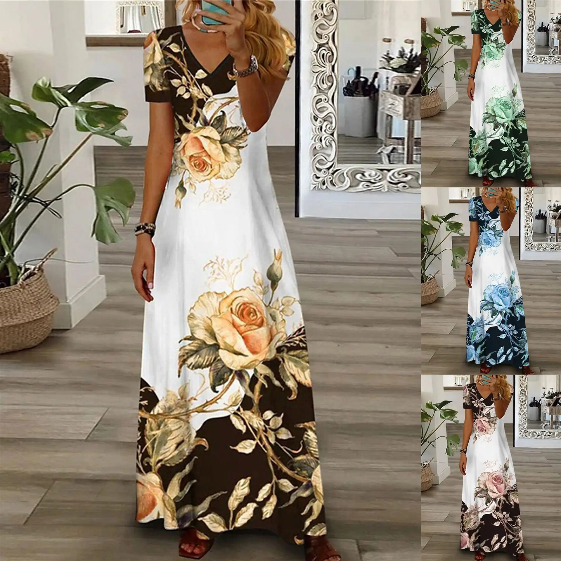 

Women's Dresses Summer New Trendy Fashion Casual Print V-neck Short-sleeved Dresses Female