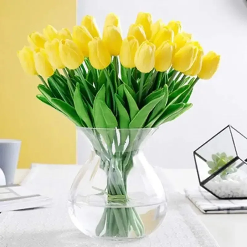 10pcs 29cm Yellow Tulip Simulation Feel Artificial Tulip Flower Home Room Decoration Garden Ornaments Wedding Props Fake Flowers