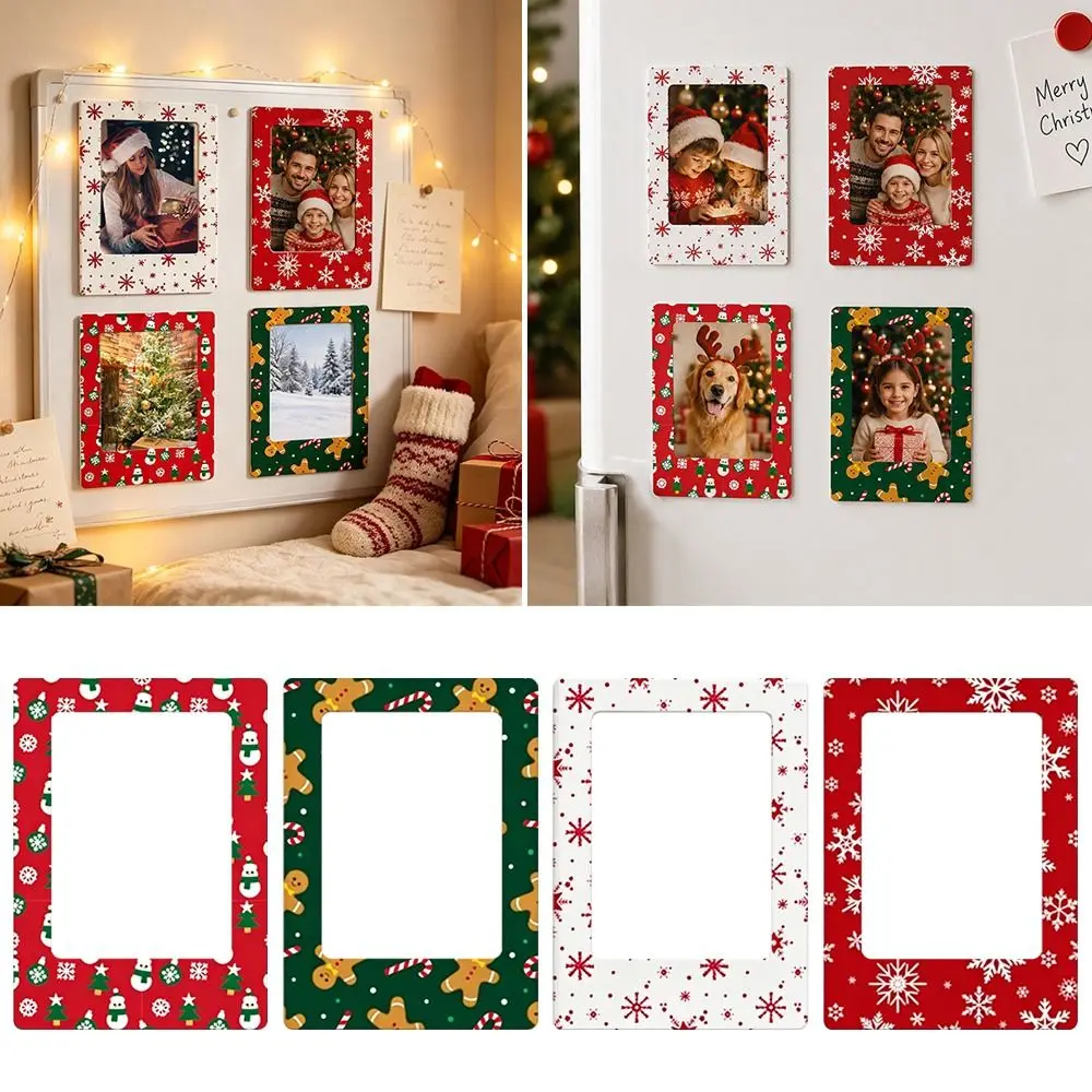 4Pcs Plastic Christmas Magnetic Photo Frame Snowflake Refrigerator Decor Refrigerator Picture Holder Gingerbread Man