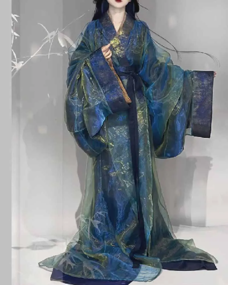 Robe Hanfu traditionnelle chinoise pour femme, robe de guerre Hanfu, costume de cosplay, tissage en satin doré, rouge et bleu absorbe ouissant, robe Hanfu traînante