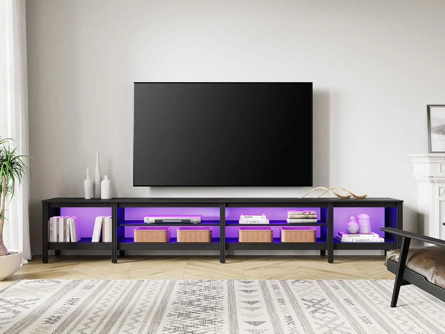 

TV Stand for 100 Inch TV with 16 Changable LED Lights, Black Entertainment Center for 80 85 90 inch TV Console Table with 6 Cub