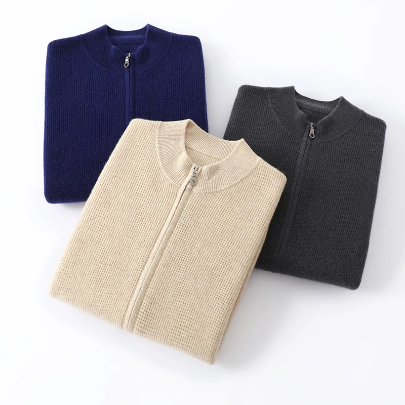 

Autumn Winter Men Zipper Cardigan Cashmere Sweater Mock Neck Long Sleeve Clothing 100% Cashmere Knitwear Smart Casual Basic Coat