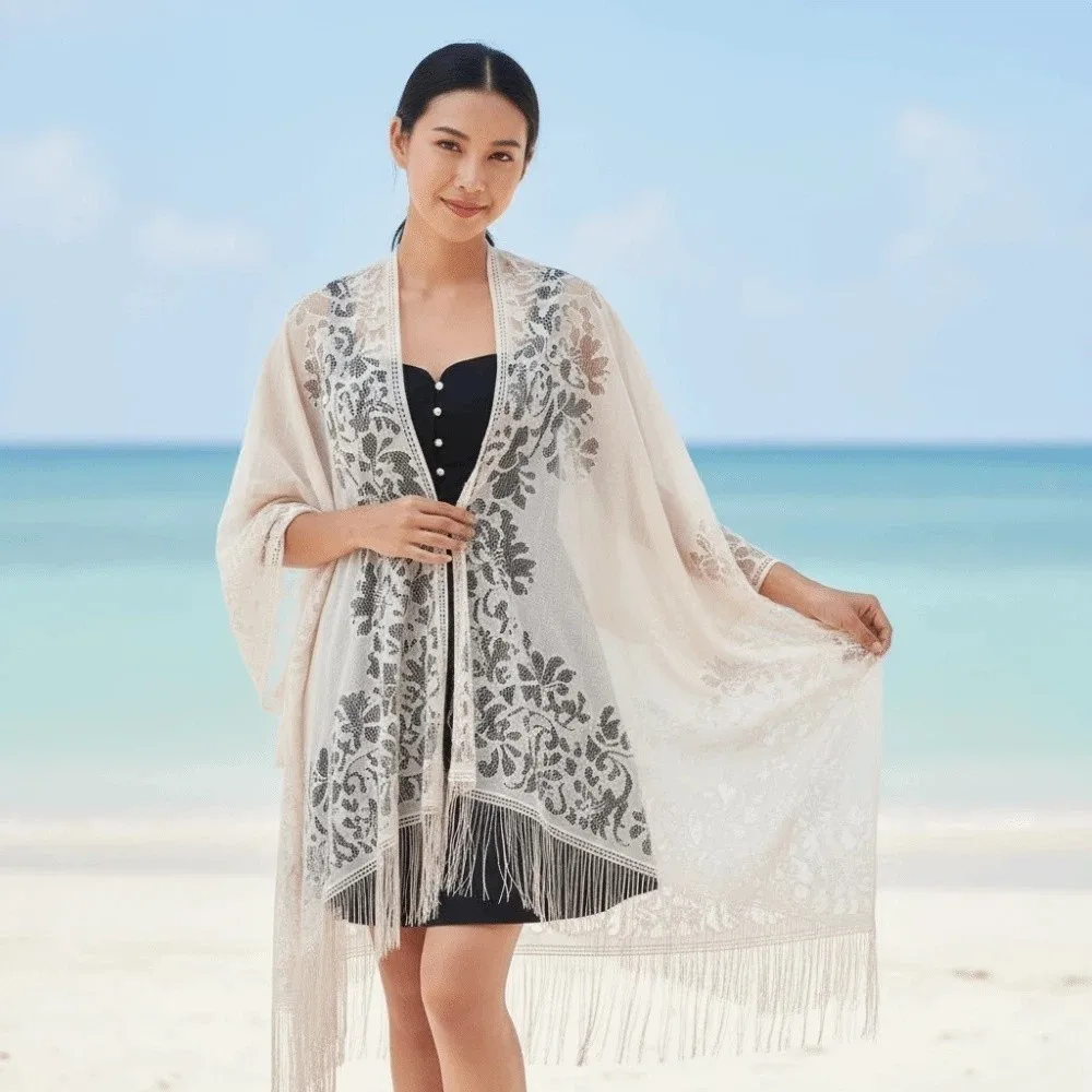 

Breathable Lace Hollow Flower Shawl with Tassel Long Sunshade Thin Large Scarf Sunscreen Solid Color Seaside Vacation Cloak
