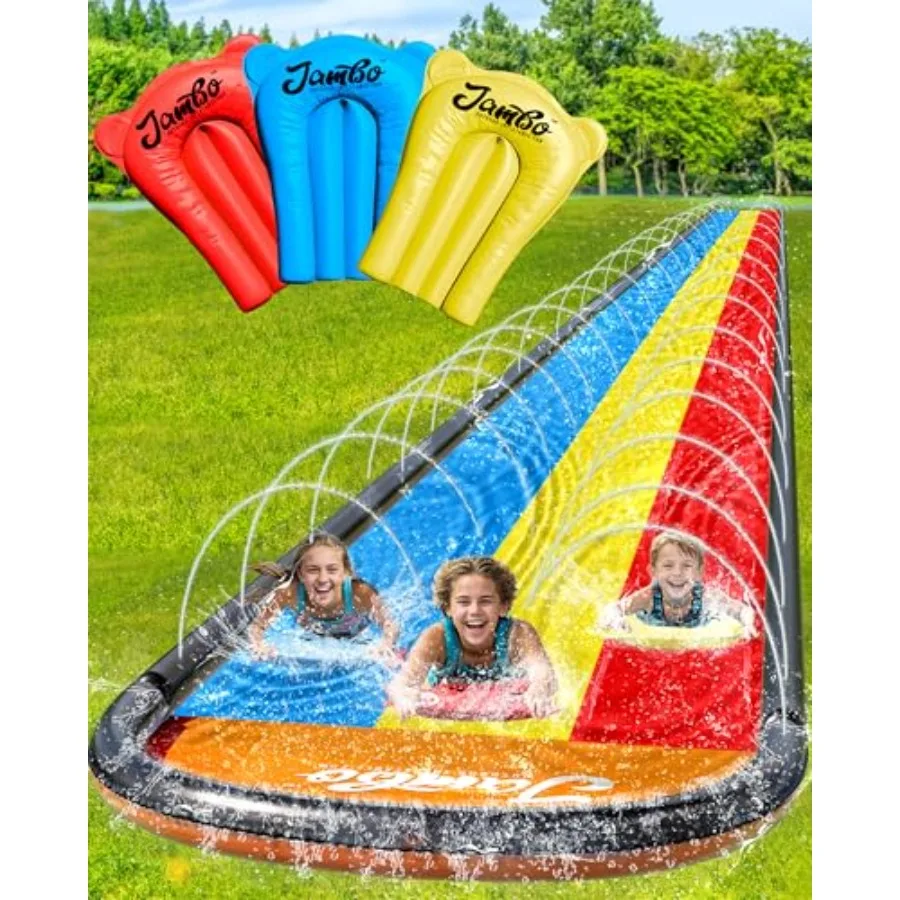 18ft Triple Lane Slip Splash and Slide with 3 Bodyboards and Built-in Surround Sprinkler for Backyard Outdoor Water Fun for