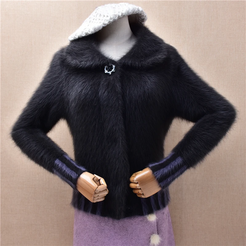 Ladies Women Autumn Winter Fashion Hairy Plush Mink Cashmere Knitted Turn-Down Neck Slim Cardigans Angora Fur Sweater Jacket Top