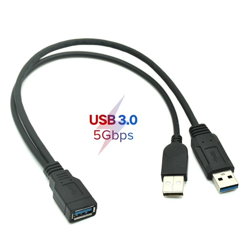 30CM USB 3.0 A męski na USB żeńskie 2 podwójna USB 2.0 zasilacz USB żeńskie przedłużacz splittera HUB ładowanie do drukarek