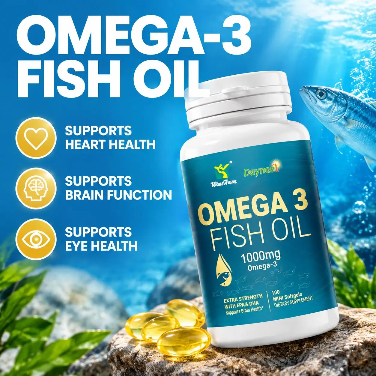 Omega-3 Fish Oil Mini Softgels Supports Heart Health Brain Function Eye Health EPA 645mg DHA 310mg Non-GMO 100 Softgels Adults