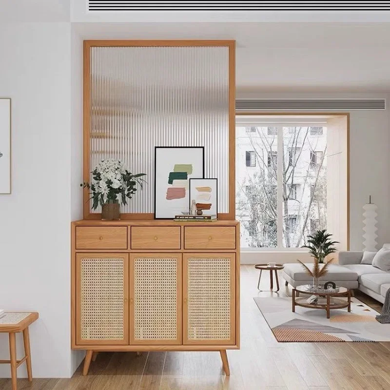 Cherry wood entrance rattan entrance cabinet Changhong glass small apartment partition cabinet