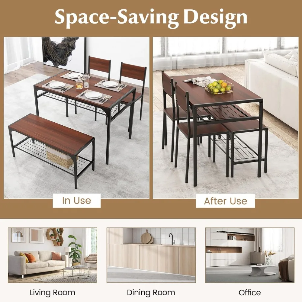 4 Pieces Dining Table Set, Kitchen Table and 2 Chairs for 4 with Bench, Storage Racks, Metal Frame & Space-Saving Design