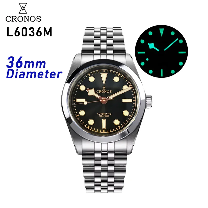 Cronos L6036 Men\'s Mechanical Watch PT5000 Sapphire Crystal 35MM C3 Lum Green Luminous Waterproof 10Bar Fashion Business Watch