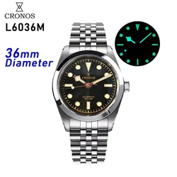 Cronos L6036 Men's Mechanical Watch PT5000 Sapphire Crystal 35MM C3 Lum Green Luminous Waterproof 10Bar Fashion Business Watch