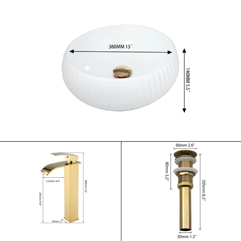 

White Bathroom Vessel Sinks 15" Round Bathroom Ceramic Sink Bowl With Gold Faucet Counterop Basin Bowl Sinks For Bathroom