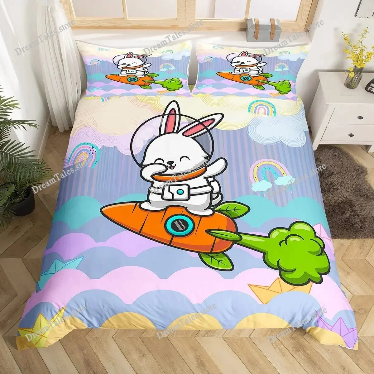 

Cartoon Rabbit Duvet Cover Twin Cute Animal on The Moon Quilt Cover Microfiber Cloud Galaxy Space Bedding Set for Boy Girl Gift
