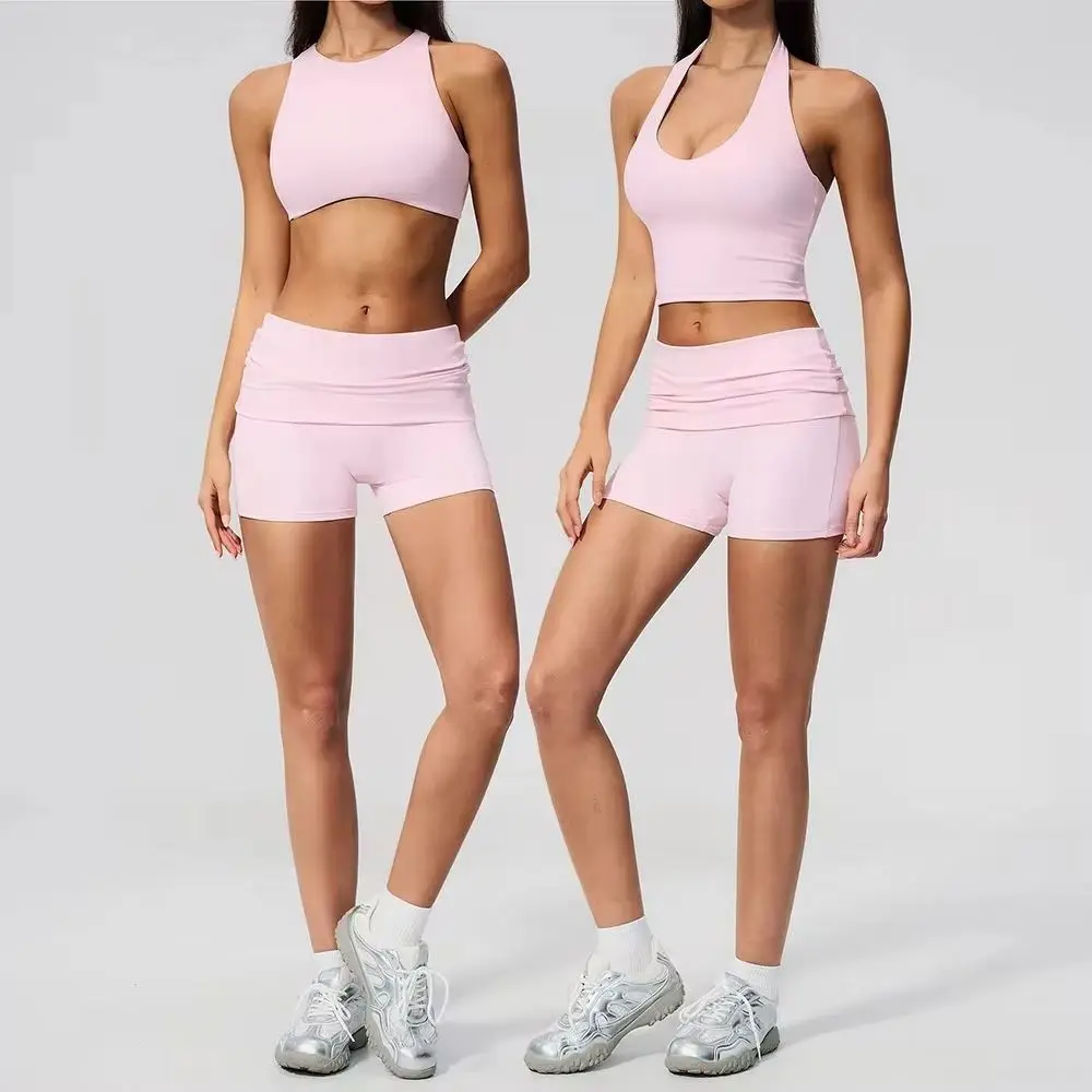 Yoga Gym Set Women Tracksuit Hanging Neck Yoga Bra High Waist Workout Athletic Wear Shorts Sports Set Fitness Clothes Sportswear