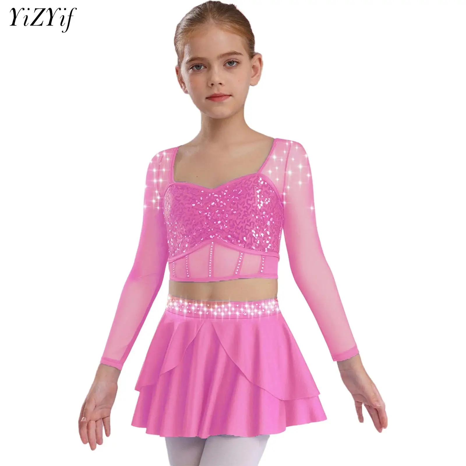 

Kids Girls Shiny Lyrical Dance Sets Ballet Gymnastics Skating Costume Outfits for Modern Latin Jazz Dancing Stage Performance