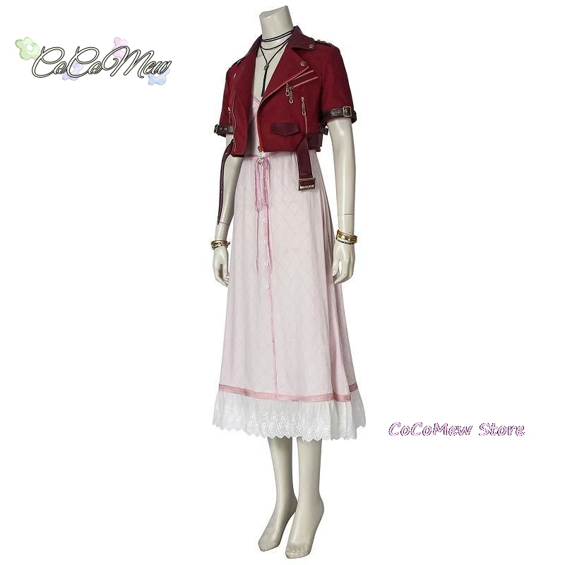 Game FF7 Adult Aerith Gainsborough Costume Cosplay Final Fantasy Remake Halloween Outfit Fancy Women Red Jacket Pink Dress