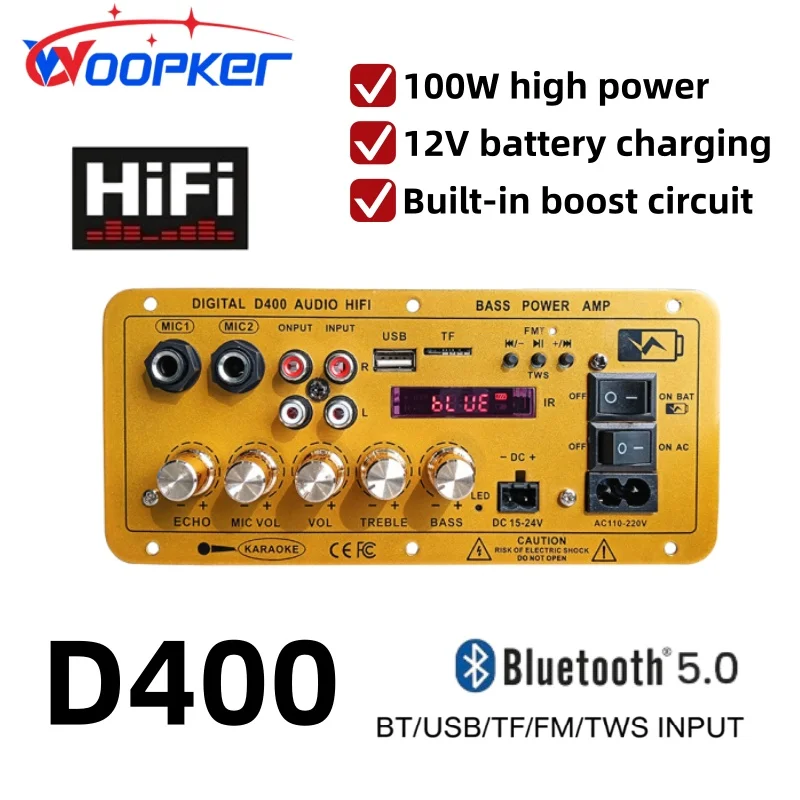 Woopker D400 Carte d'amplification numérique mono Bluetooth 100W pour amplification domestique, double microphone, rechargeable par batterie
