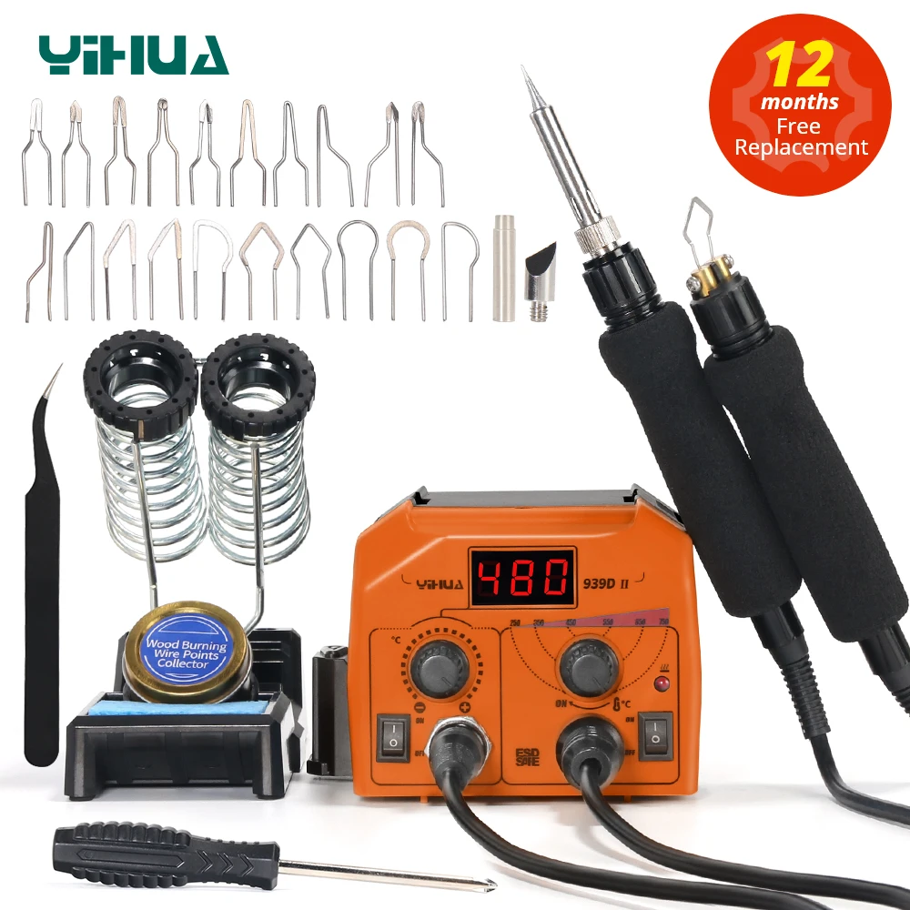 YIHUA 939DII Adjust Temperature Electric Soldering Iron Station 250~750℃ Dual Carving Pyrography Pen Wood Embossing Burning Tool