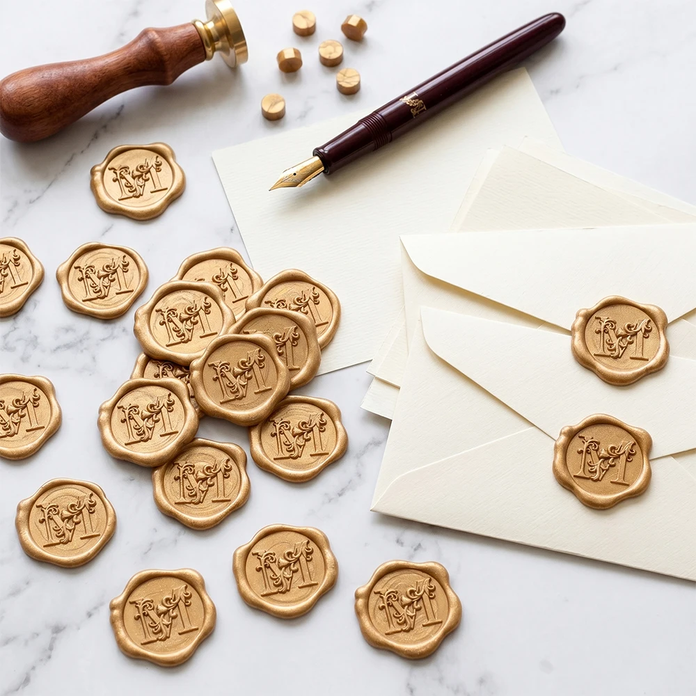 Autocollants de sceau de cire avec initiales, 25 pièces, autocollants de sceau d'enveloppe en lettres florales 3D couleur or antique, autocollants adhésifs, pour mariage