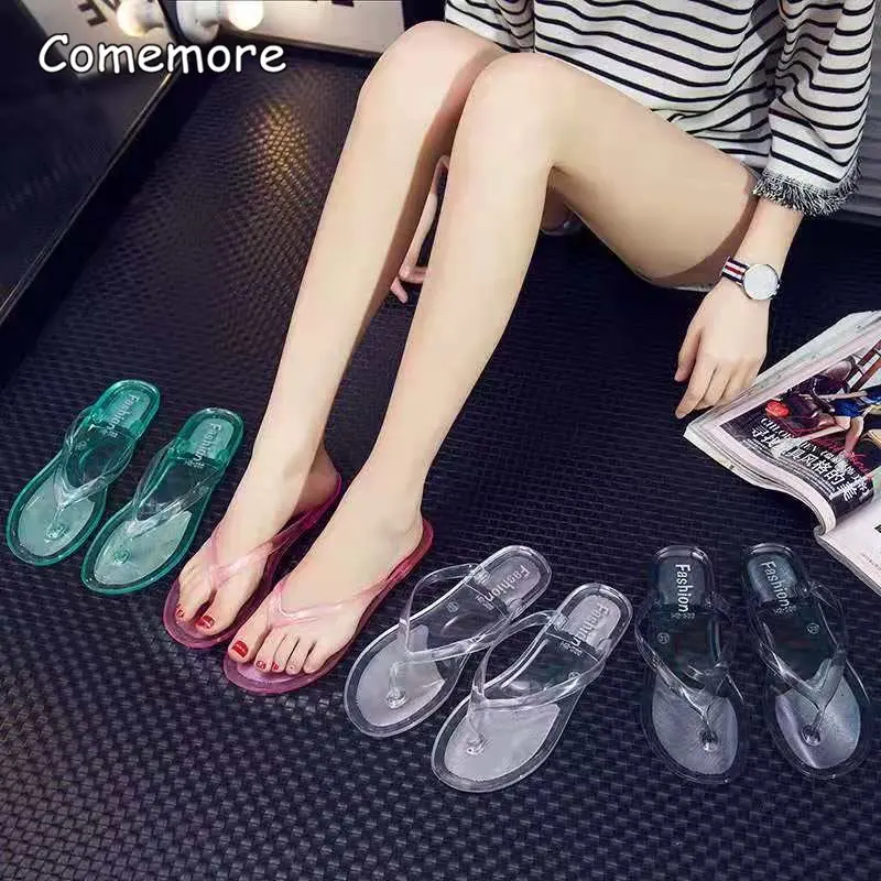 Comemore Women\'s Summer Slippers Transparent Beach Sandals Jelly Crystal Flip Flops Flat Slippers Outside Pink Cute Shoes 2023