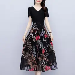 Elegant Women Vintage Floral Dress Summer Printing Patchwork V-Neck Short Sleeve Dresses Fashion Female Chic Midi Slim Sundress