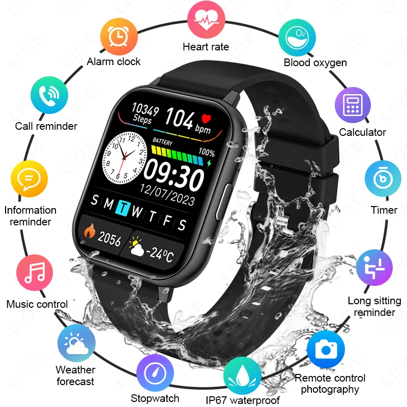 

LIGE Smart Watch Sports Fitness Health Monitoring Alarm Clock Music Bluetooth Call Information Waterproof Men Women's Smartwatch
